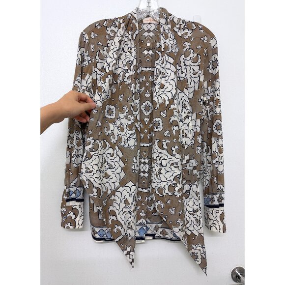 Tory Burch Wheat Nocturne Print Silk Blouse Top Floral Taupe White Bow Tie 4 - Picture 4 of 16